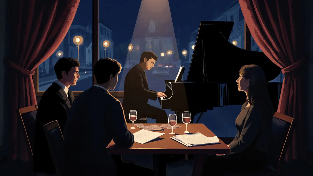 Intimate jazz performance in a dimly lit Berlin club, pianist under a spotlight.
