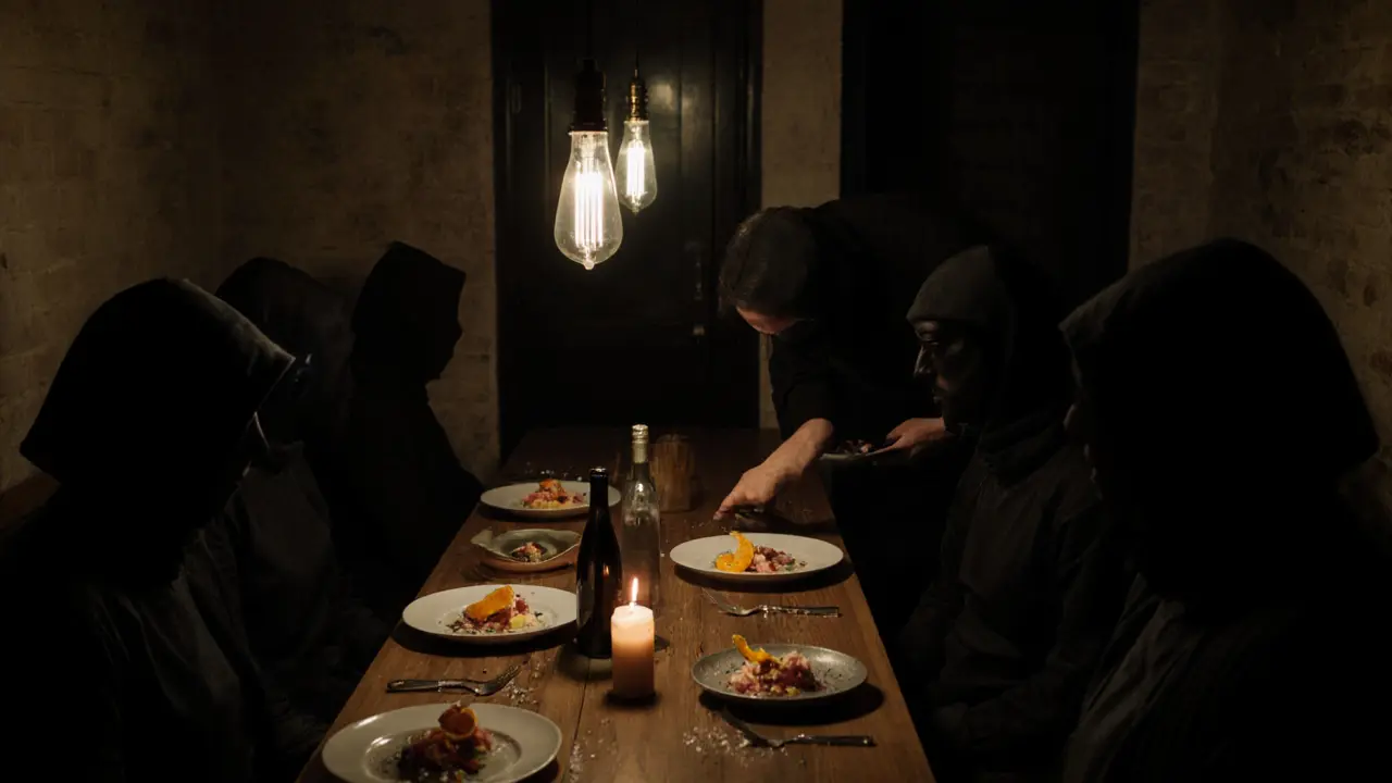 Intimate underground dining room with a long table and quiet diners under soft hanging lights.