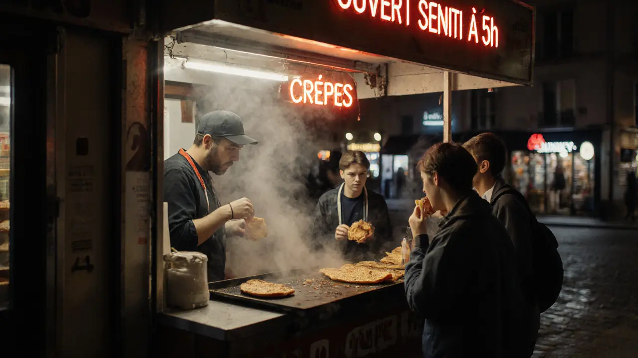 Late-night crepe stand at Gare de l’Est, locals eating together under soft neon light at 2 a.m.