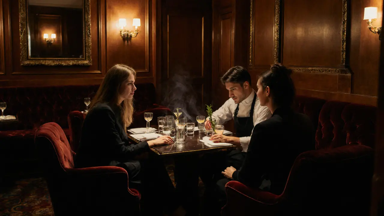 Luxury bar with deep velvet chairs and a mixologist preparing a cocktail as fashion insiders converse quietly.