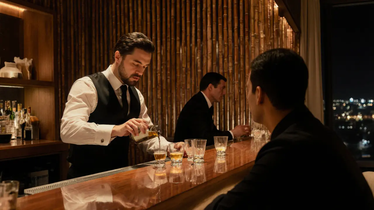 Luxury Japanese bar with bamboo curtains, celebrity quietly enjoying sake in warm lighting.
