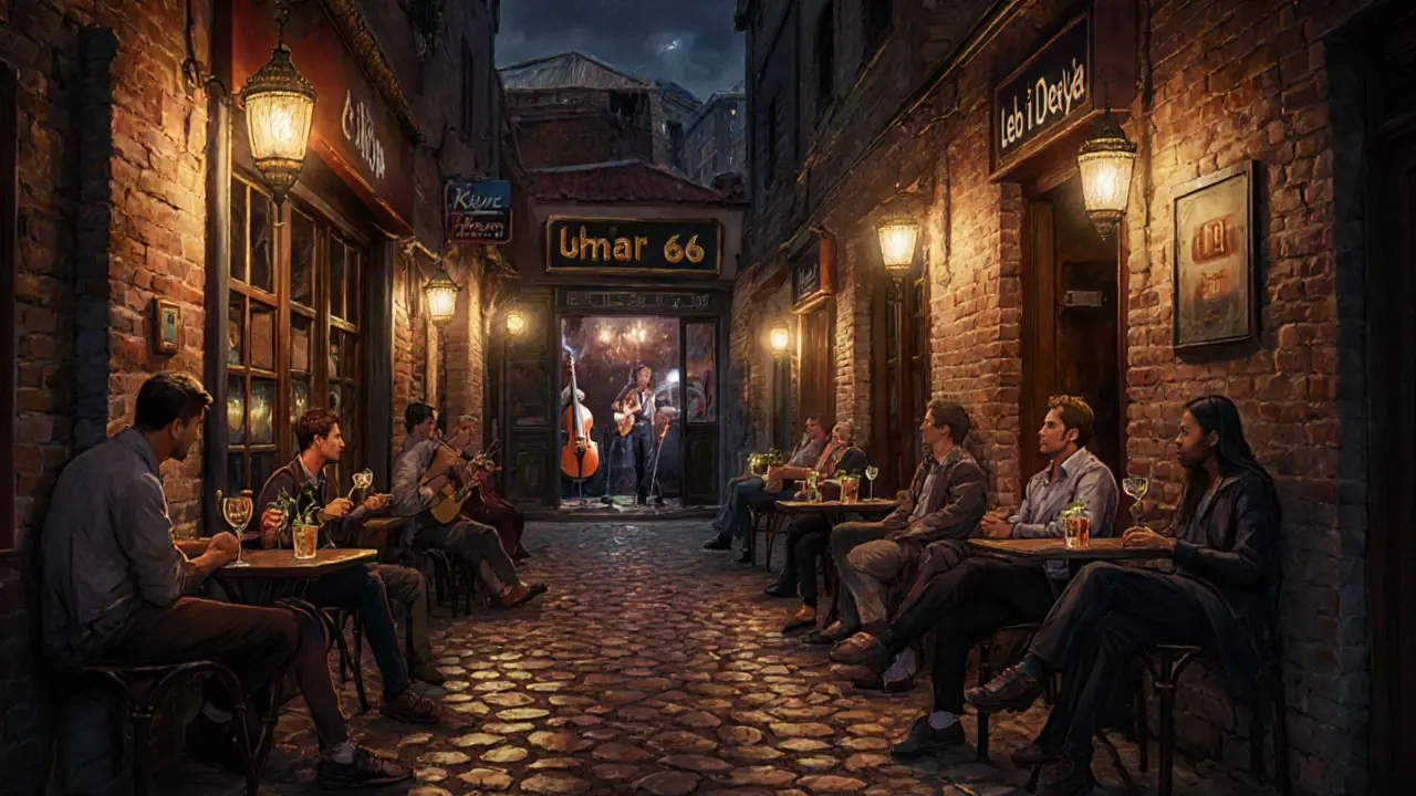 Nighttime alley in Karaköy with glowing bars and live music spilling into the street.