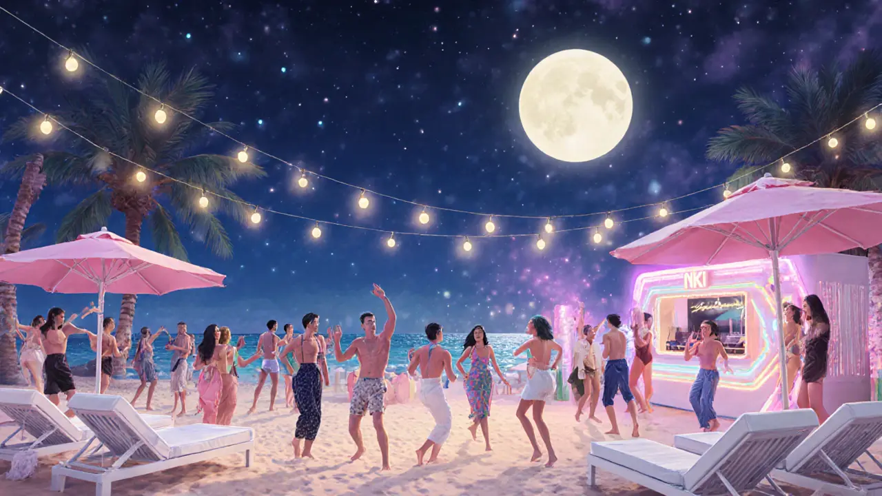 Nikki Beach Dubai at night with white loungers, pink umbrellas, and a crowd dancing on sand under glowing string lights.