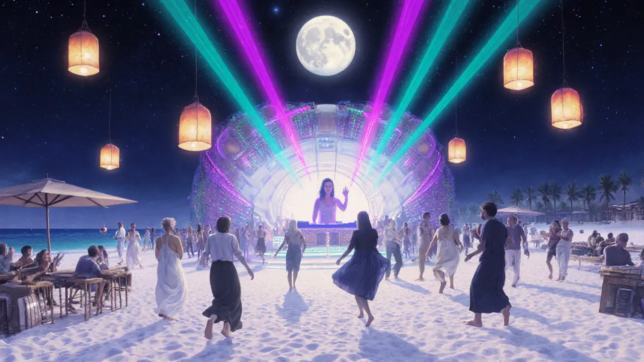 Open-air beach club Cielo Dubai at night with guests dancing under starlight and laser projections.