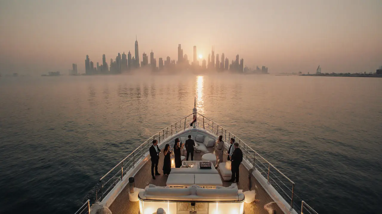 Private yacht at sunrise with guests enjoying drinks on deck as Dubai skyline glows in distance