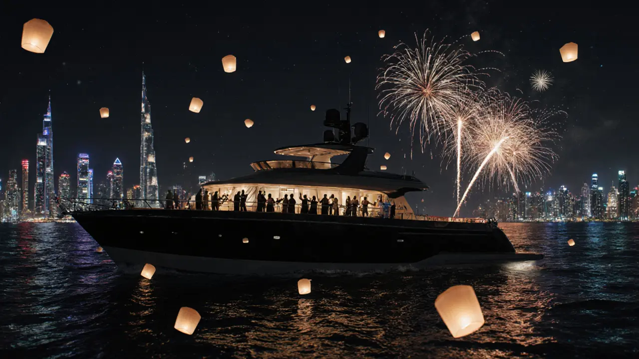 Private yacht under fireworks and lanterns cruising past Palm Jumeirah with Dubai&#039;s glittering skyline in the distance.