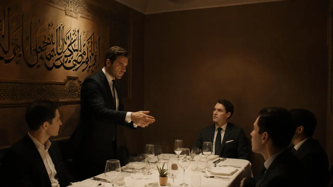 Professionals in formal attire sharing a refined conversation in a private dining room.