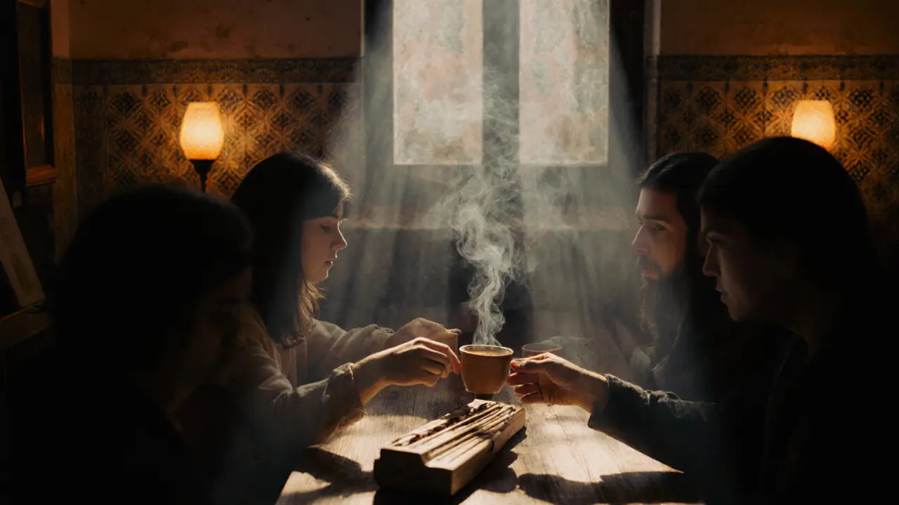 Quiet interior of Artists’ House in Karaköy, people sharing tea in a circle surrounded by incense smoke.