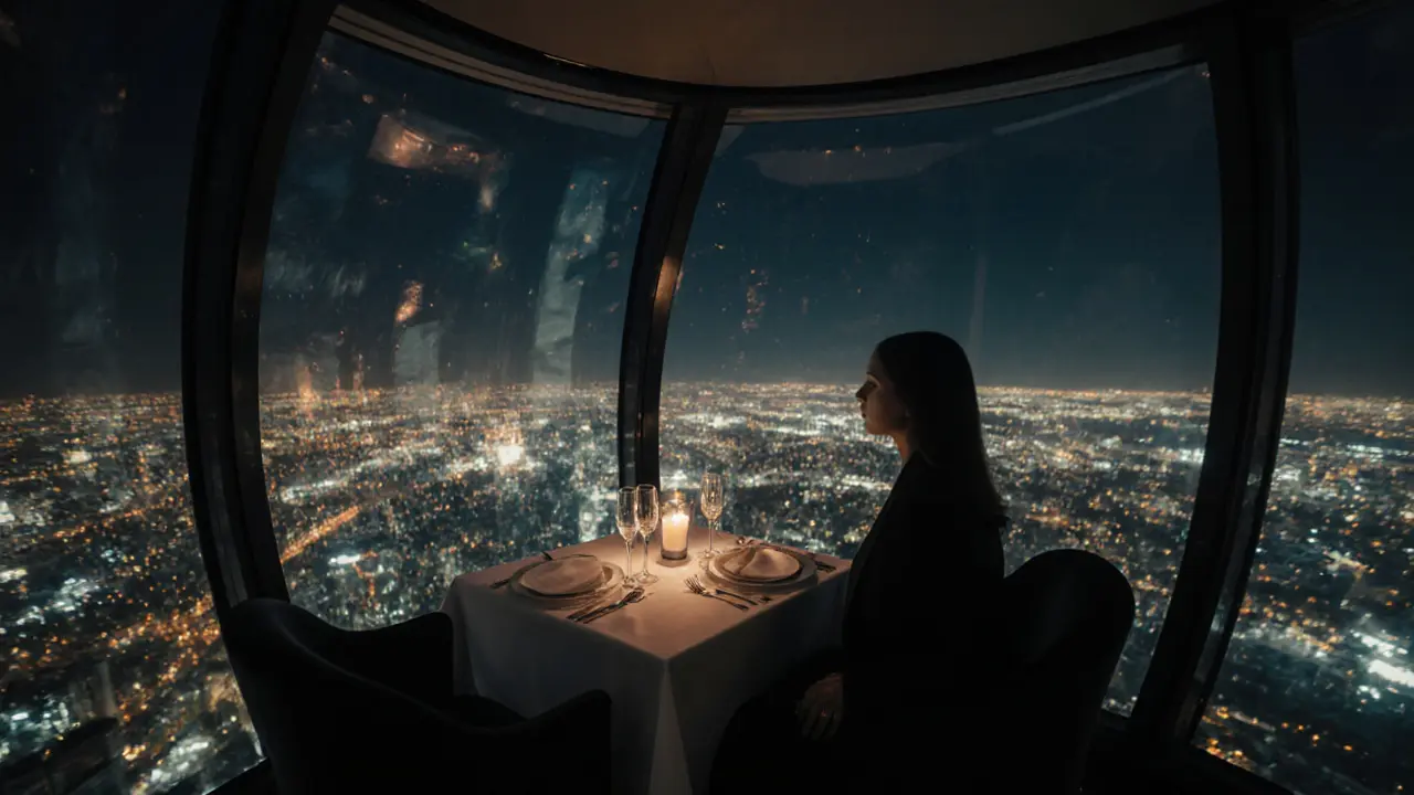 Revolving restaurant high above Abu Dhabi’s skyline at night, intimate table with champagne.