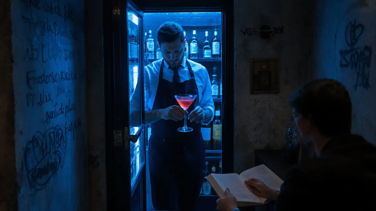 Secret speakeasy bar behind a fridge door with a bartender pouring a cocktail in dim light.