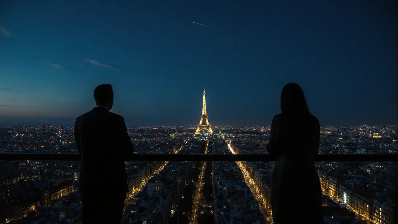 Silhouettes on Eiffel Tower&#039;s private viewing platform at night, Paris sparkling below.