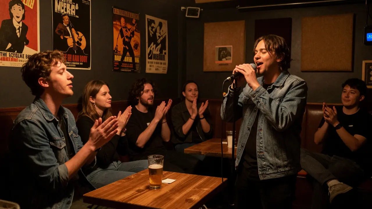 Solo singer performing in a dimly lit, vintage-style karaoke lounge with attentive audience.