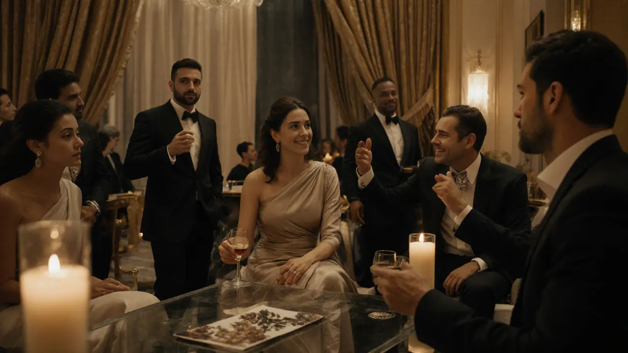 Sophisticated guests engaging in refined conversation in an upscale private lounge.