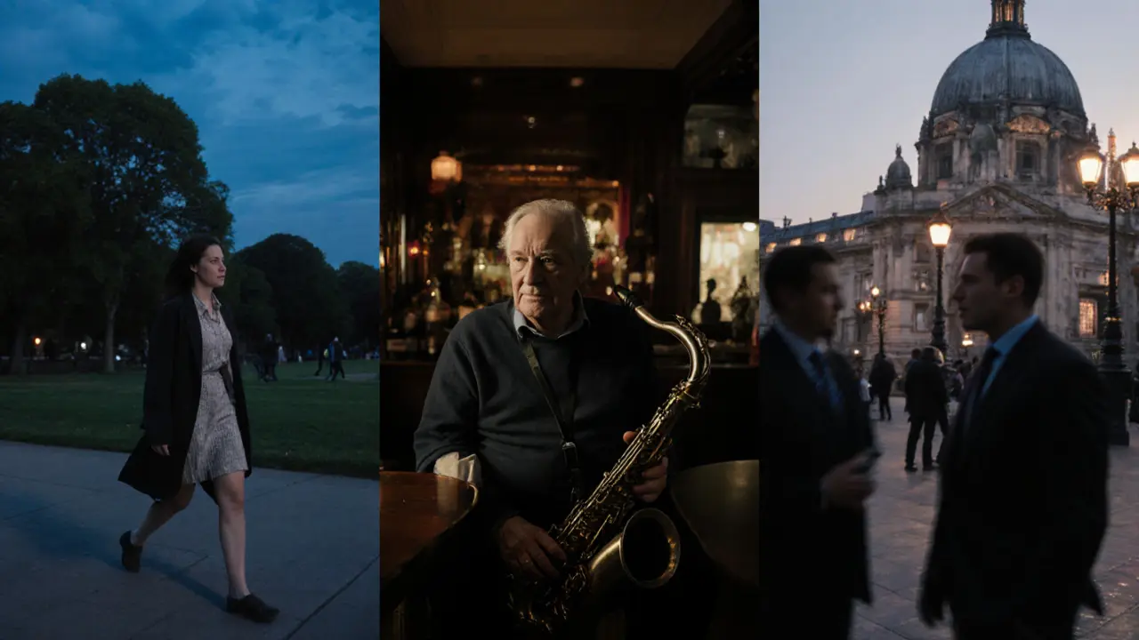 Three individuals in London each experiencing quiet companionship during solo activities at twilight.