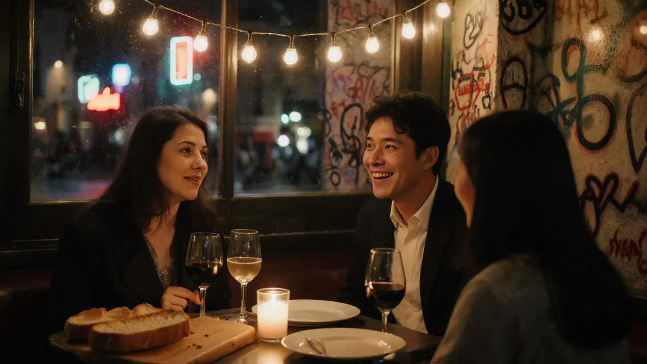 Three people laughing over wine at a cozy Montmartre bistro, string lights and graffiti in the background.
