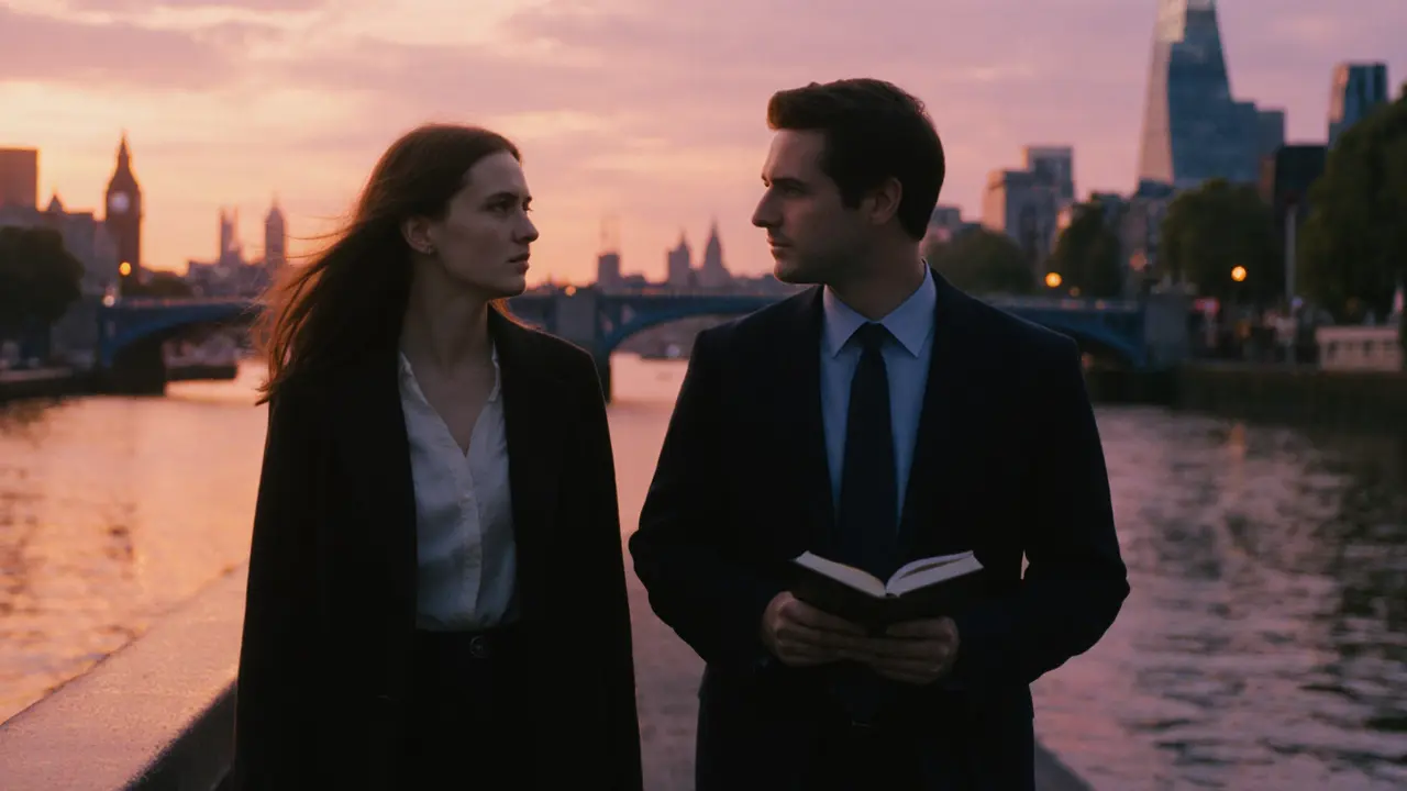 Two figures walking peacefully along the South Bank at sunset, sharing silent companionship.