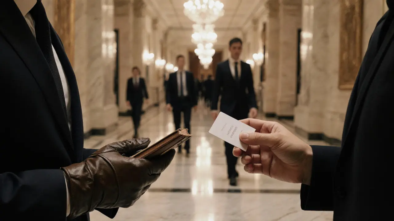 Two hands exchange a card in a grand hotel lobby, faces hidden, atmosphere refined and discreet.