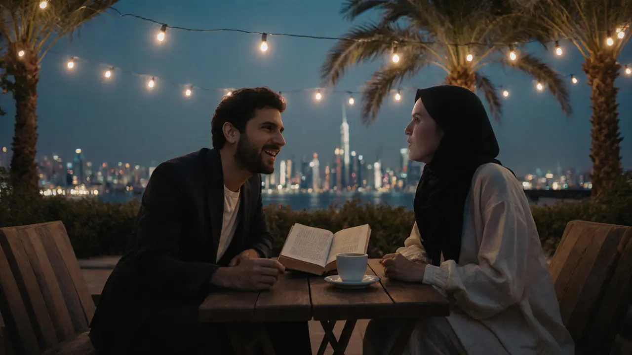 Two individuals sharing a book and laughter on a rooftop garden at sunset in Abu Dhabi.