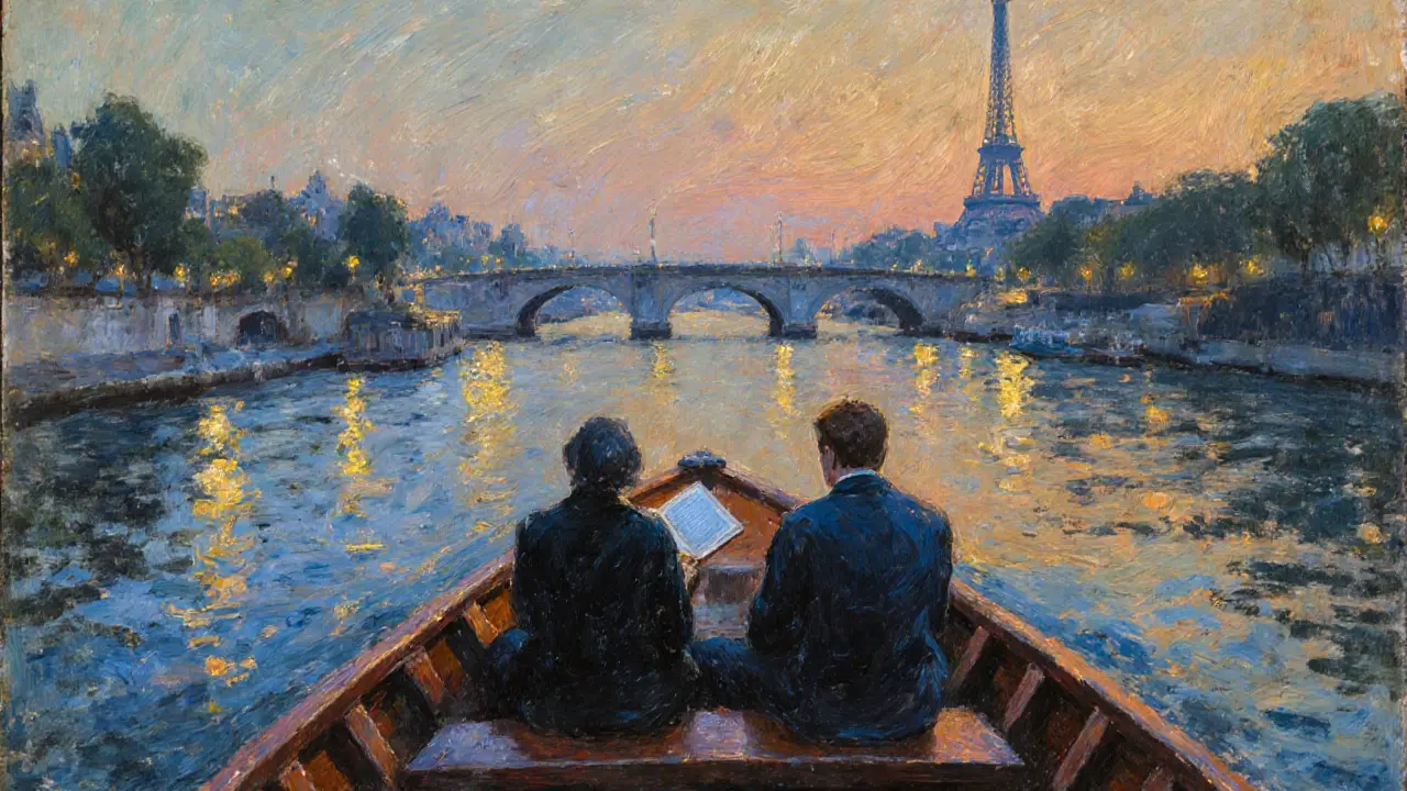 Two people drift on a private Seine boat at sunset, the Eiffel Tower sparkling in the distance, reflections on the water.