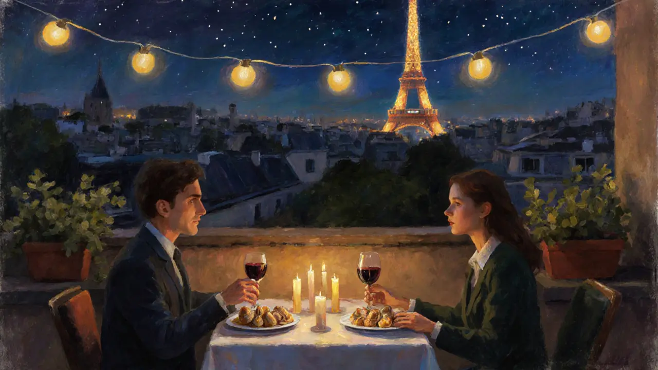 Two people share a quiet candlelit dinner on a Paris rooftop at night.