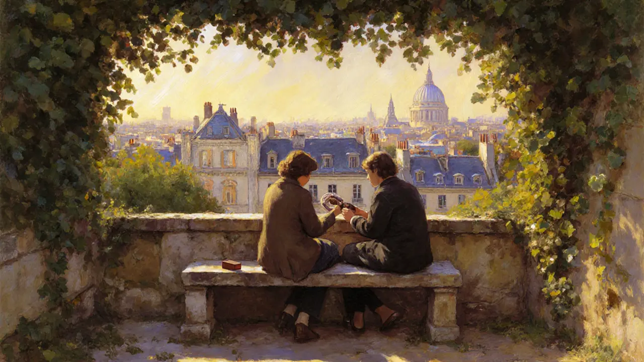Two people sitting quietly in a hidden Montmartre garden, sharing chocolate under ivy-covered walls.