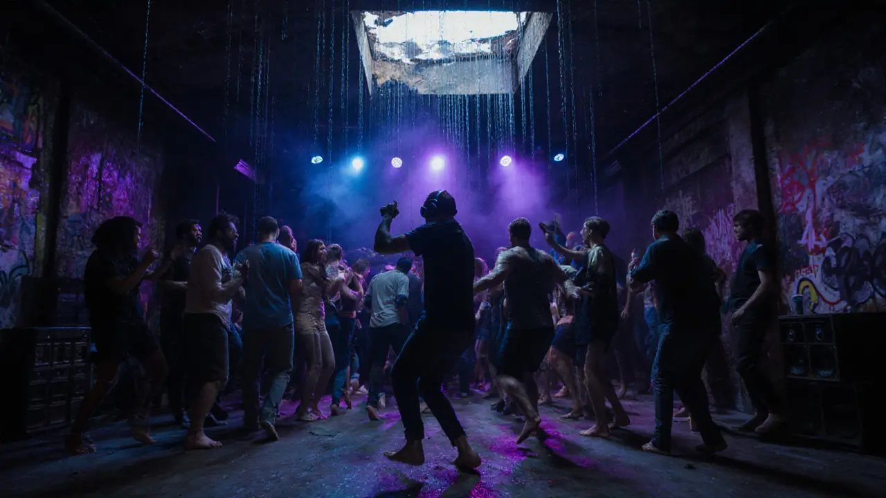 Underground club with dancers in dim strobe light, condensation dripping from ceiling, industrial warehouse setting.