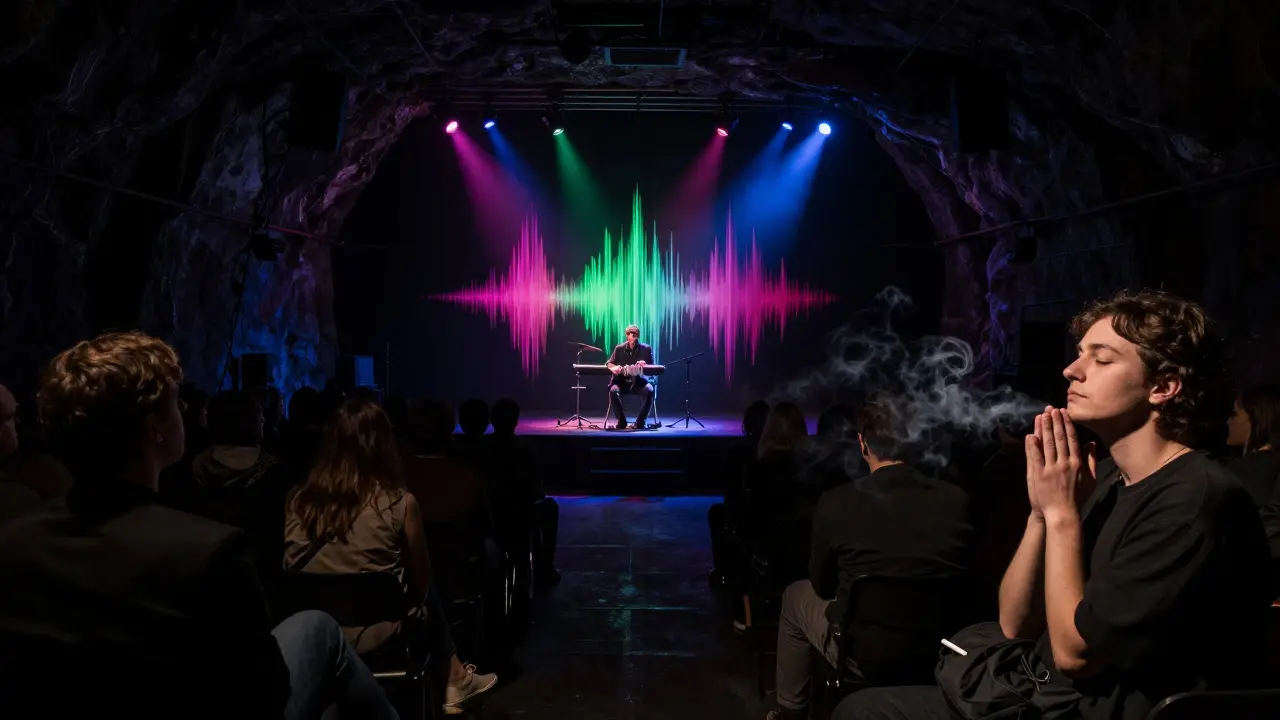 Underground performance at Teatro degli Arcimboldi with abstract light and silent audience.