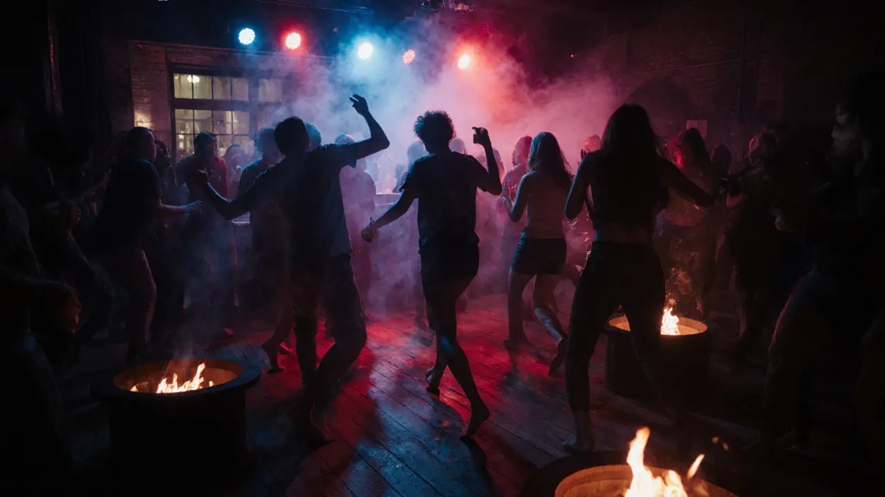 Vibrant underground nightclub at dawn with dancers under neon lights and fire pits outside.