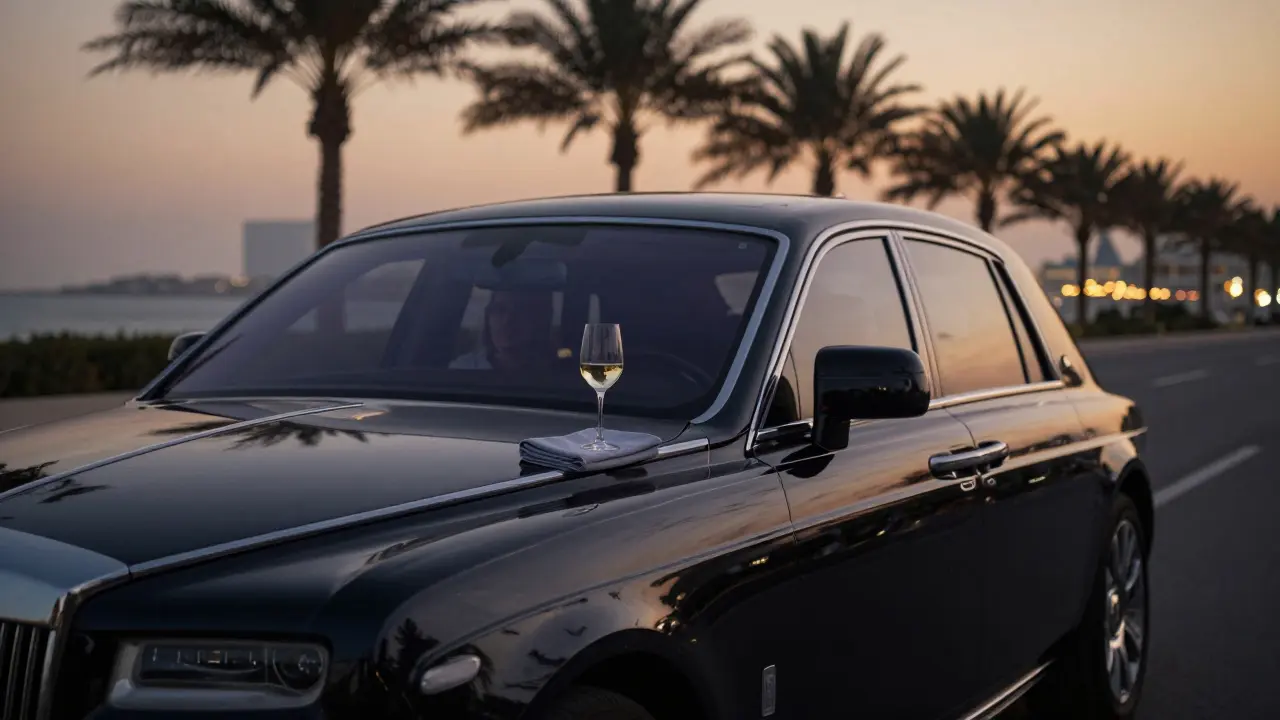 A black Rolls-Royce Phantom driving along Palm Jumeirah at twilight, windows tinted, emphasizing privacy and exclusivity.