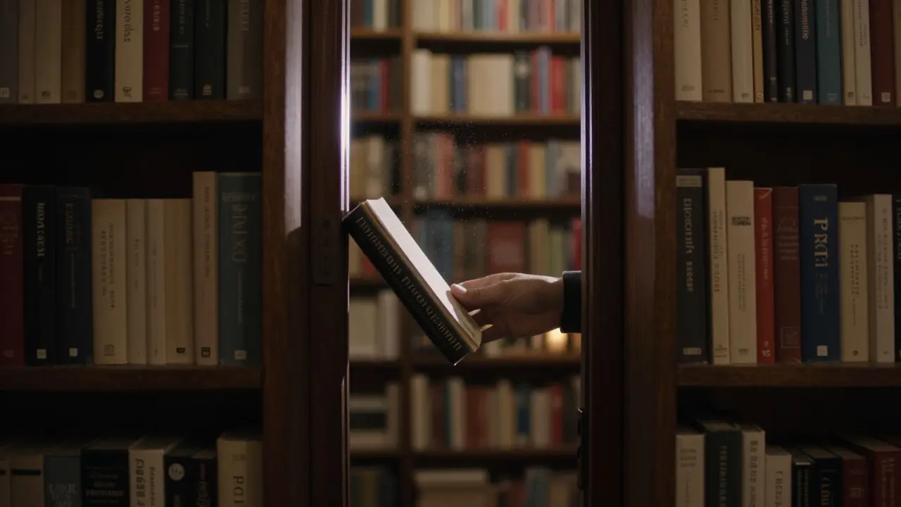 A bookshelf slightly ajar revealing a candlelit hidden bar behind it.