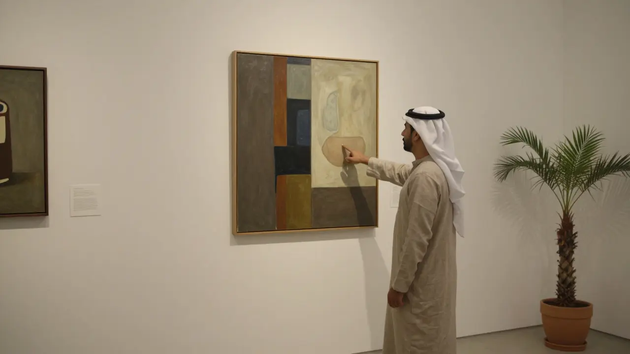 A client and companion viewing Emirati art in a quiet gallery, engaged in thoughtful discussion.