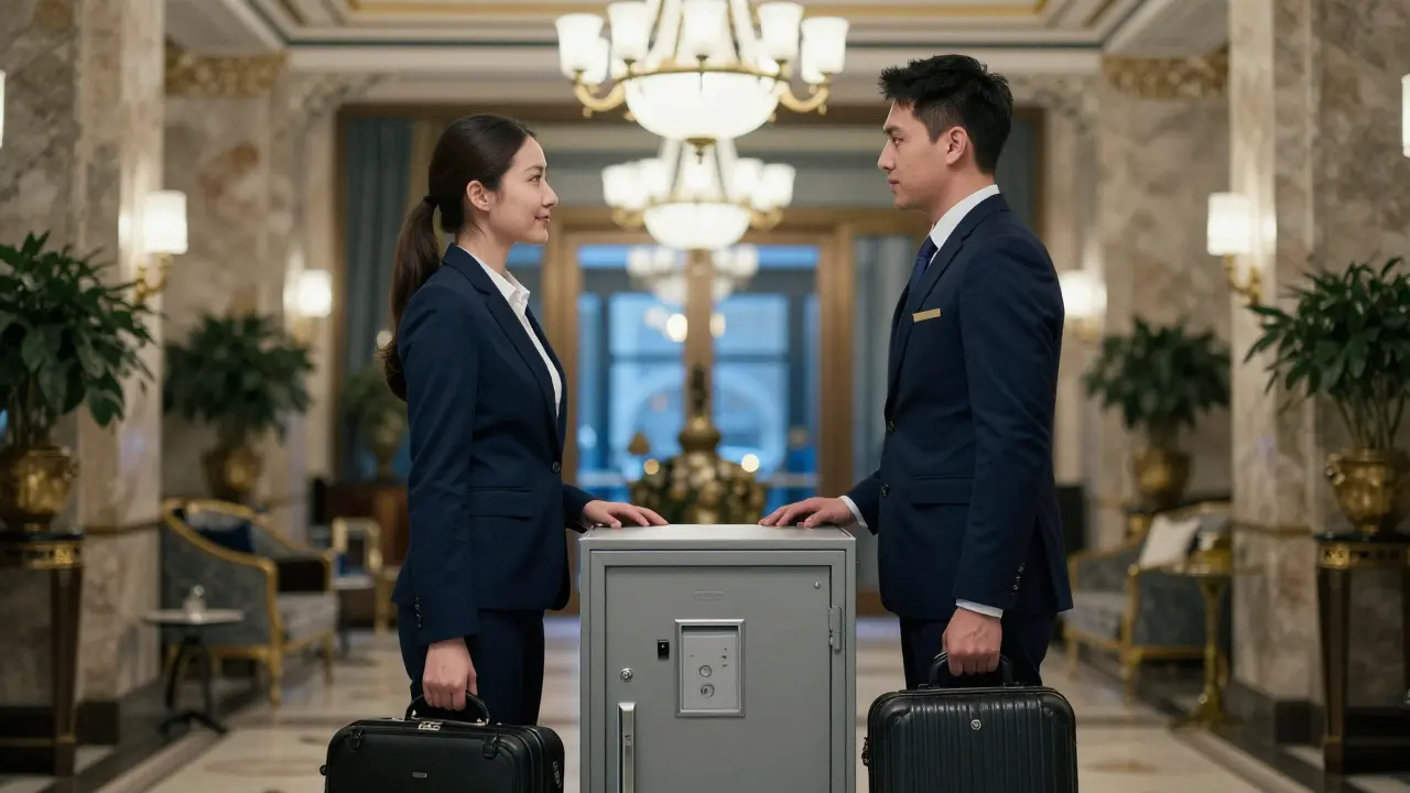 A client and escort meeting politely in a luxurious Paris hotel lobby, maintaining respectful distance.