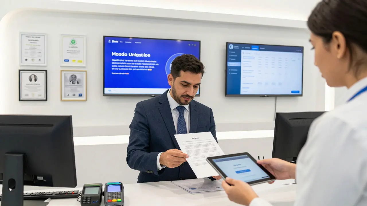 A client reviewing a legal companionship contract in a professional Dubai agency office.