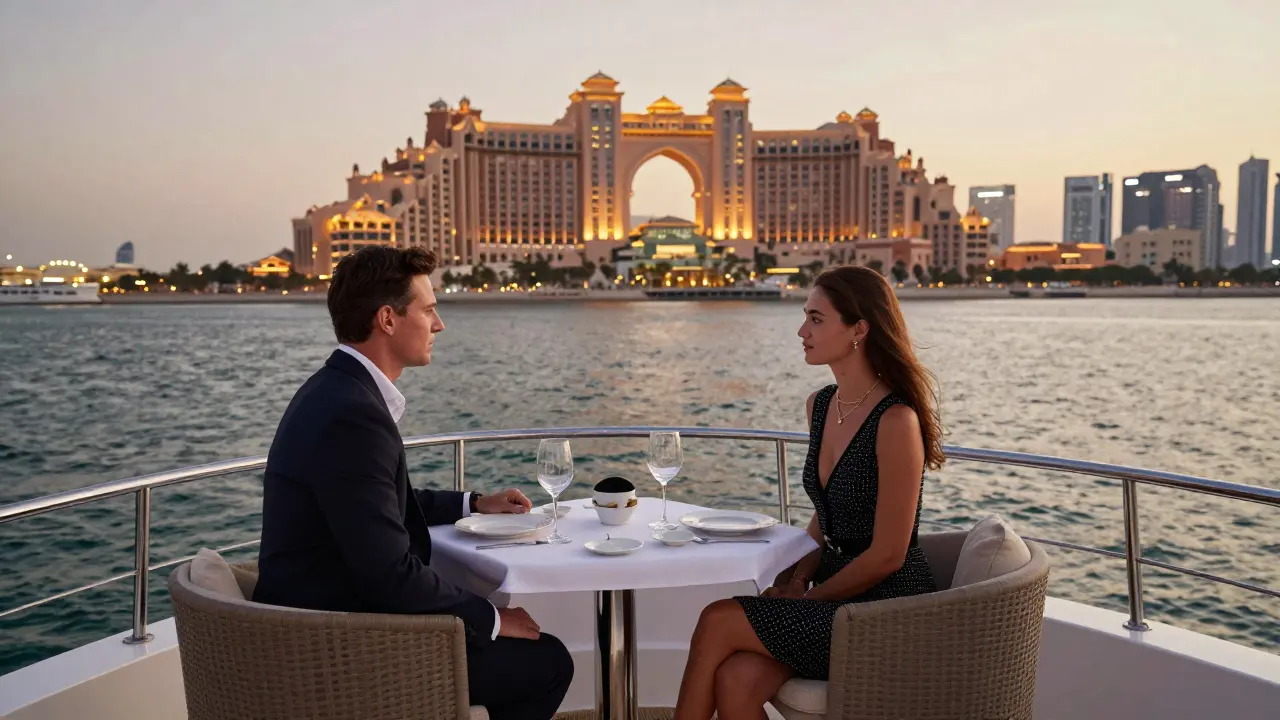 A couple on a private yacht at dusk with Abu Dhabi's skyline in the background.