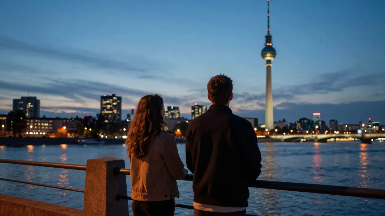 A couple stands quietly by the Spree River at dusk, Berlin’s TV Tower glowing behind them in the twilight.