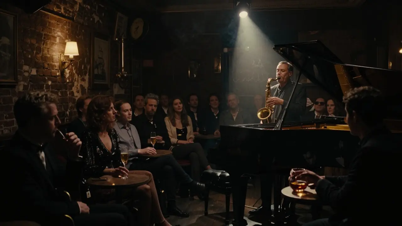 A dim jazz club with a saxophonist under a spotlight, patrons in shadow, sipping vintage drinks in silent reverence.