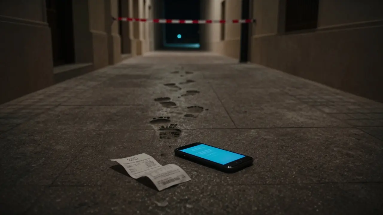 A discarded phone in an alley behind a luxury hotel, with distant police tape glowing.