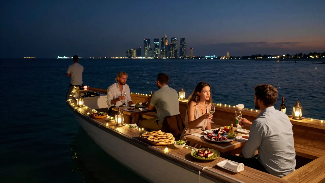 A floating bar at night on Dubai’s waters, guests enjoying wine and food as the city skyline glows behind them.