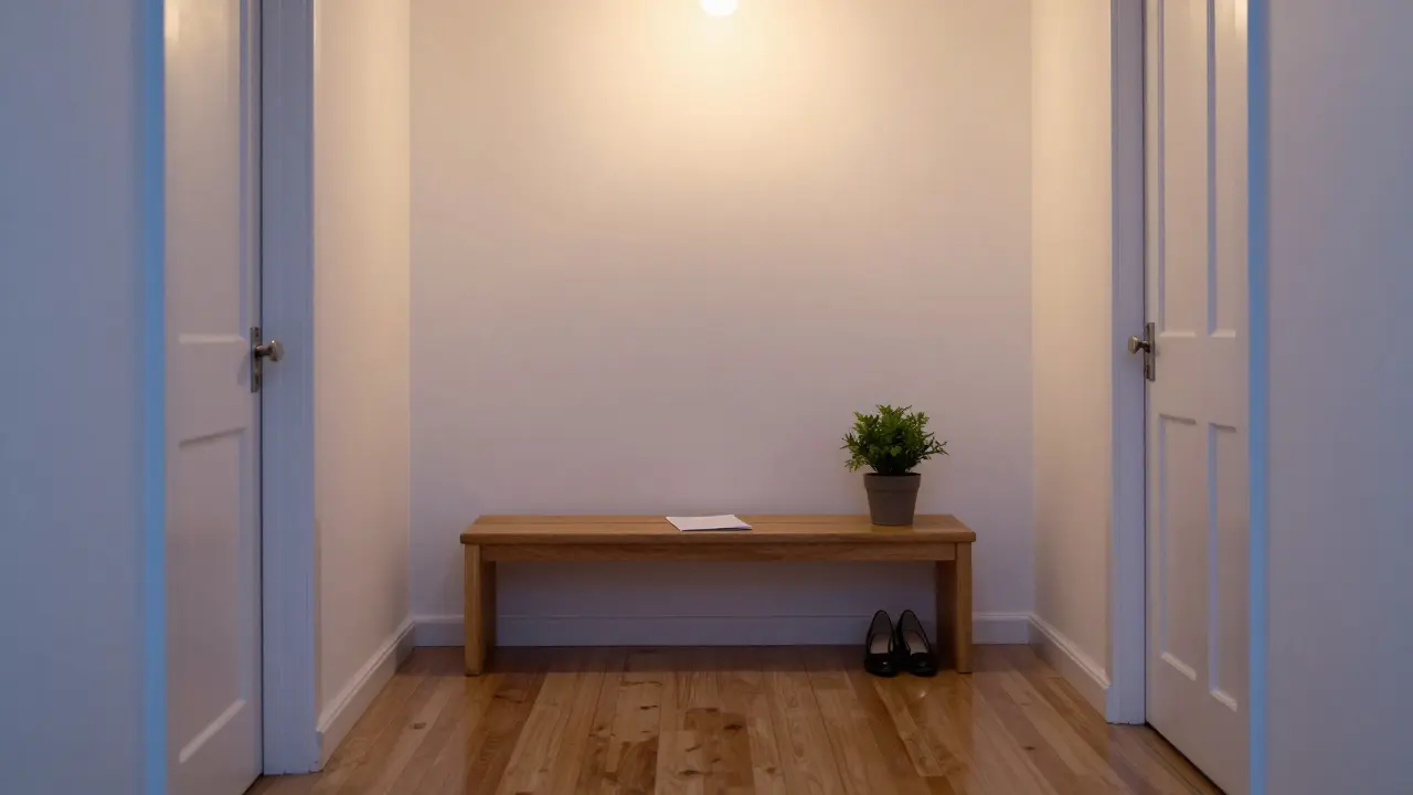 A folded note and a potted plant left on a bench outside a London office door at twilight, symbolizing quiet care and consistency.