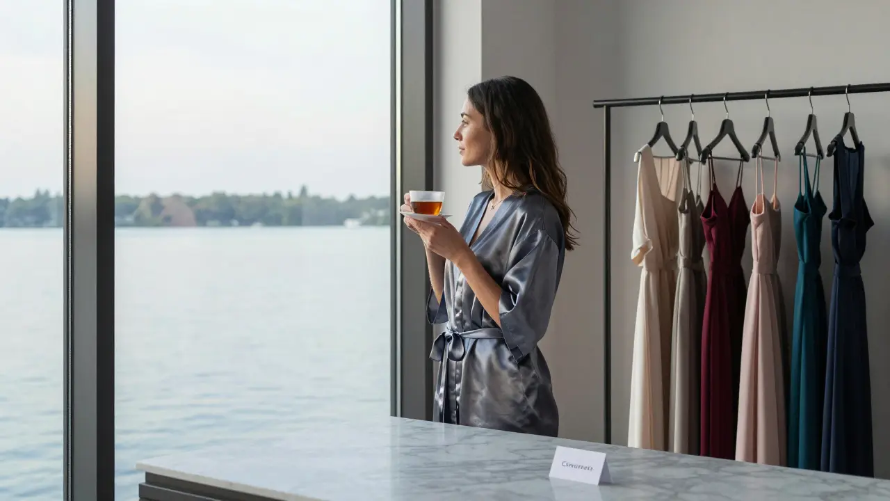 A former escort stands by a window overlooking Lake Wannsee at dawn, holding tea, surrounded by the quiet legacy of her past profession.