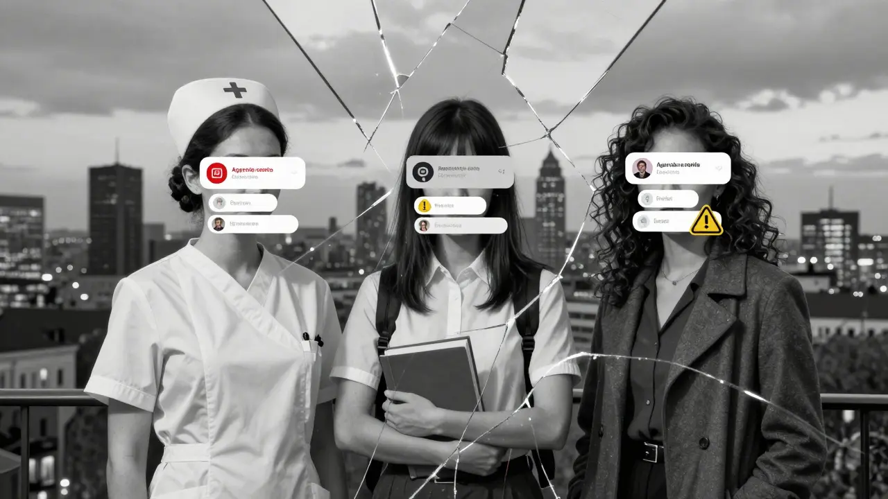 A fractured mirror shows three identities of a sex worker—nurse, student, trans woman—overlaid with digital symbols of the industry.