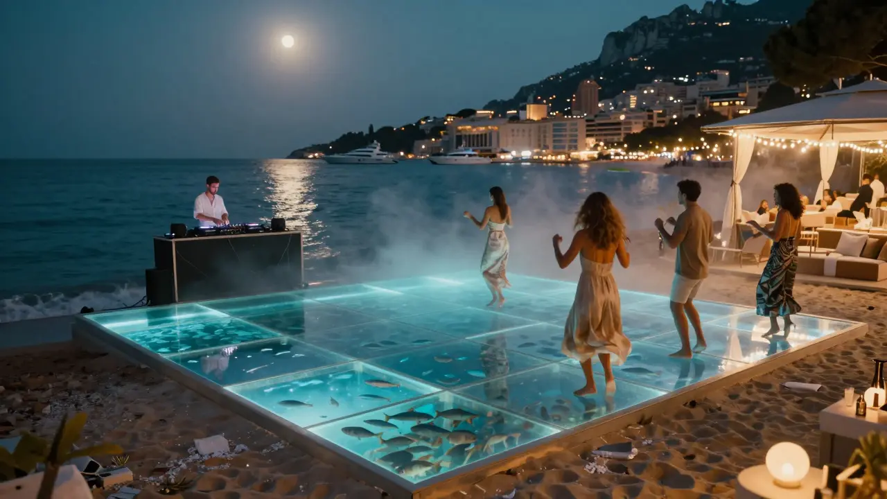 A glass dance floor above the sea at Blue Bay, guests dancing under moonlight as yachts glow in the distance.