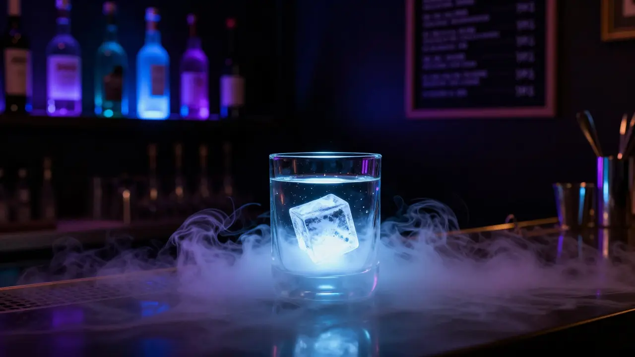 A glowing cocktail with dry ice fog in a dark, moody bar, illuminated by LED-lit bottles and shadows.