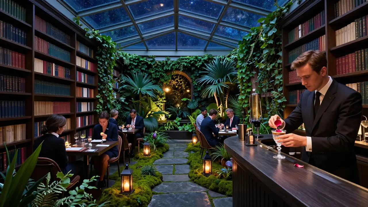 A hidden garden bar with glass ceiling and rose petal cocktail in crystal flute.
