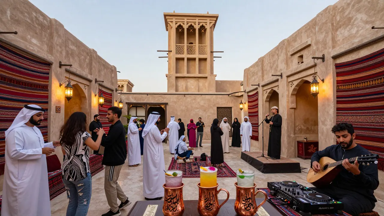 A historic windtower turned nightclub with textiles on walls, people listening to a poet as a DJ plays fusion music.