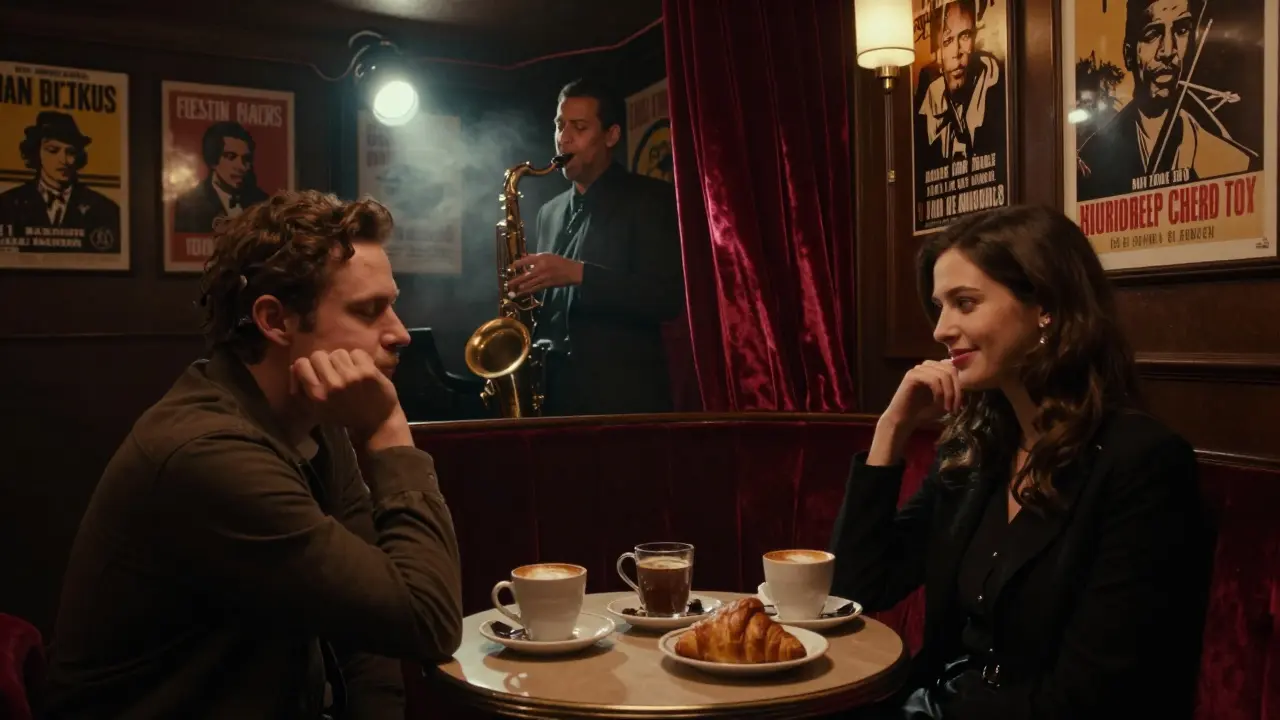 A jazz duo performing in a dimly lit basement club, two people at a table with coffee and croissants.