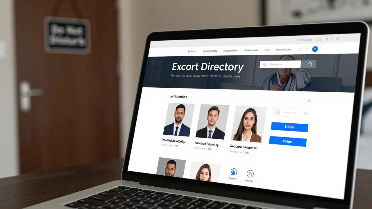 A laptop displays a professional escort directory with verified profiles and secure payment logos.