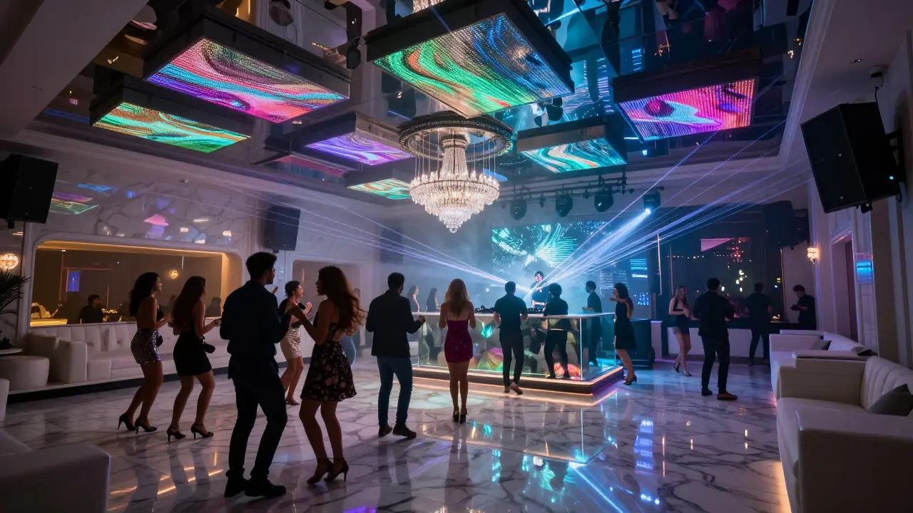 A luxurious nightclub with mirrored ceilings and pulsing LED lights, people dancing under laser beams.