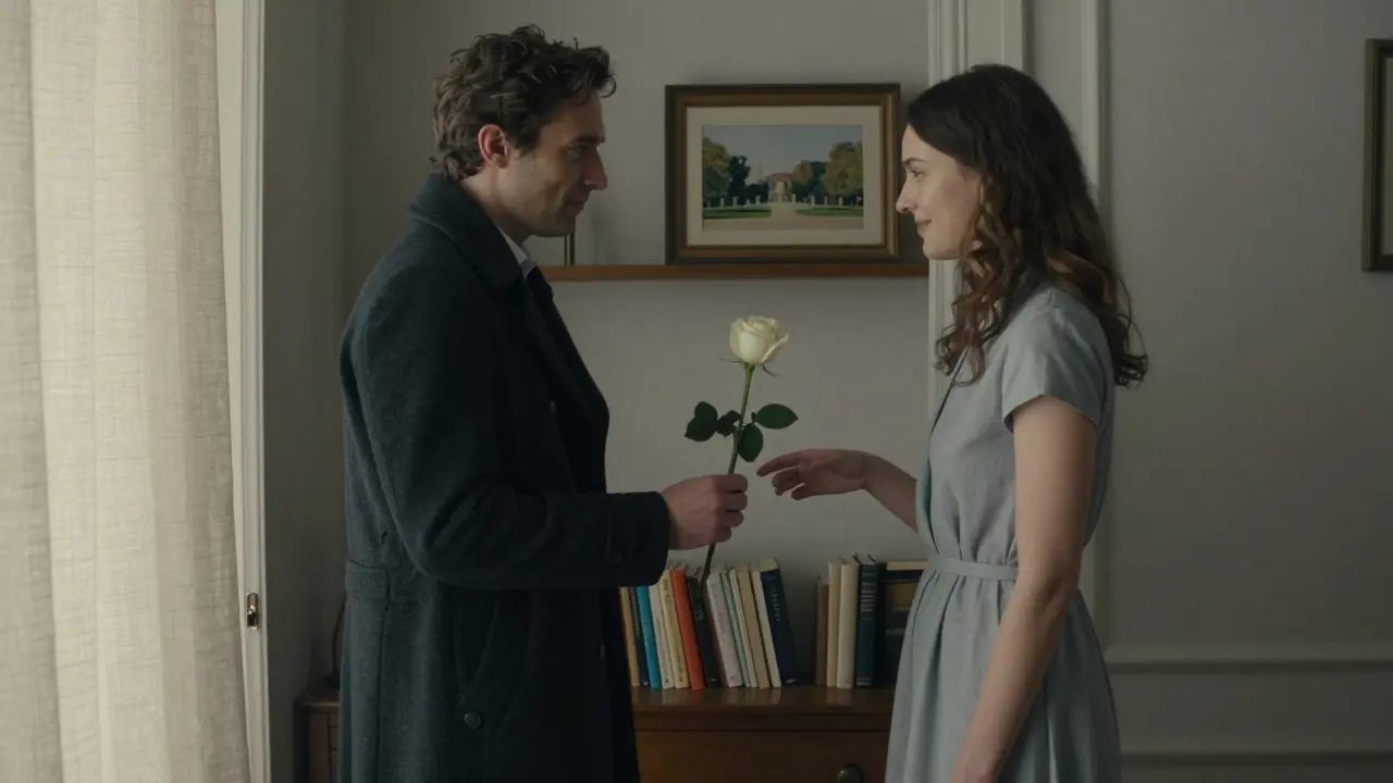 A man offering a single white rose to a woman at her apartment doorway, soft light filtering through curtains.