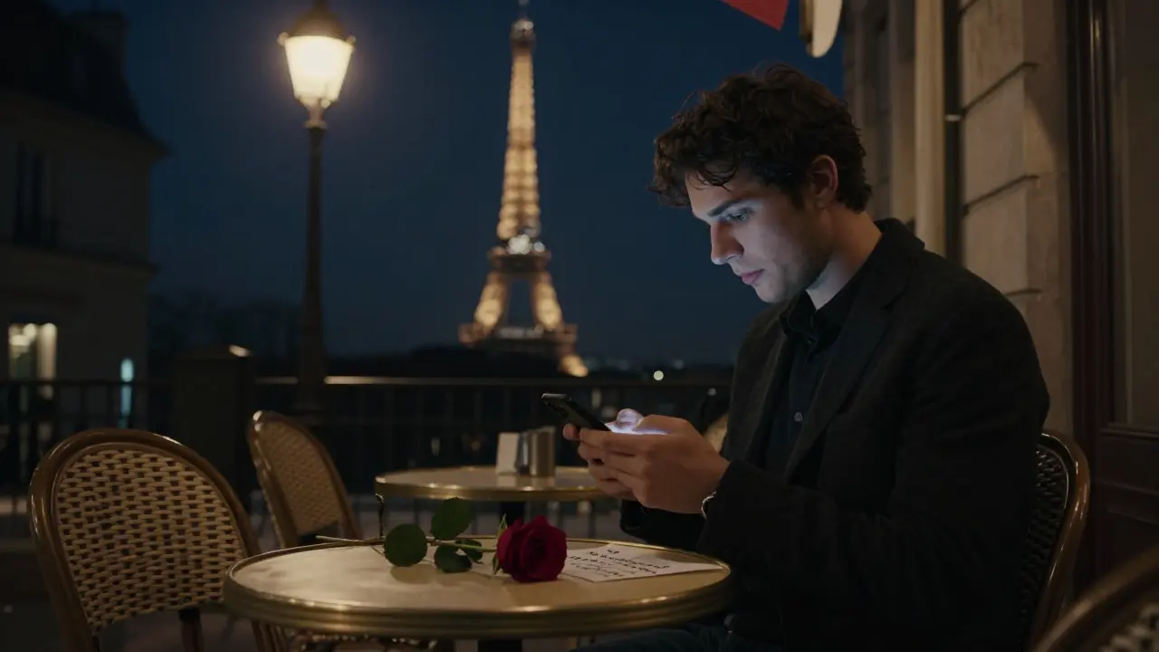 A man texts a thank-you note under a Paris streetlamp, a rose and note left on a café table at night.
